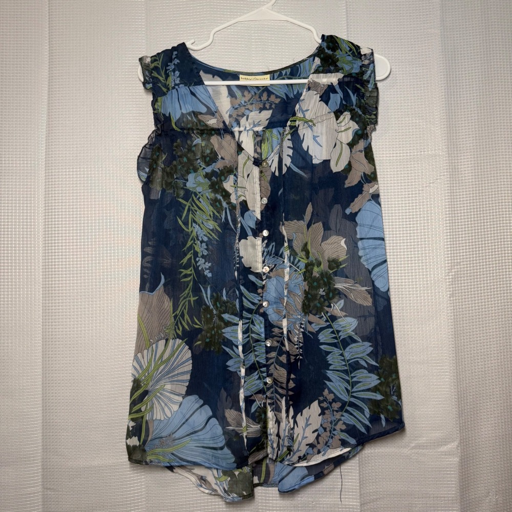 Bobbie‎ Brooks Floral Sleeveless Blouse M Blue Button Front Ruffle Trim